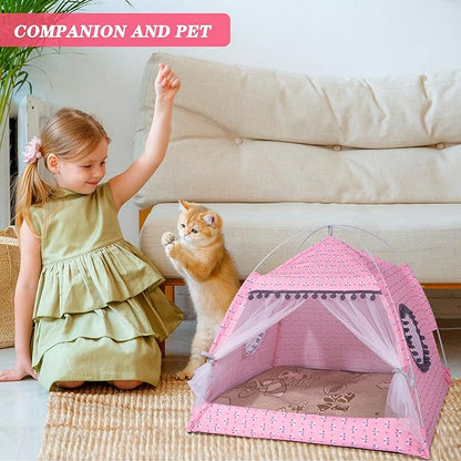 Gigreinc Cat Princess Indoor Tent House Pet Dog Cute Floral Cave Nest Bed Portable Dog Tents (M:38x38x36cm/15x15x14inch, Floral Pink)