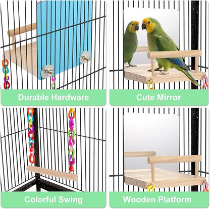 KyoukiBird Perch Platform Bird Toys with Bird Mirror Climbing Ladder Swing, Parakeet Cage Accessories - for Cockatiels, Lovebirds, Budgies,Pacific Parrotlets,Finch,Canaries - Wooden Play Gym