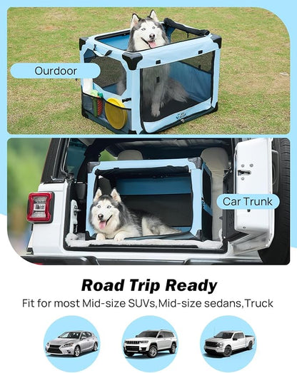 JOYTUTUS Collapsible Dog Crate, 32 Inch Portable Pet Crate for Car, Travel Dog Kennel Foldable Dog Crate for Large Dog 50lbs, Soft Cat Carrier Fit for Indoor & Outdoor/Trunk (Blue)