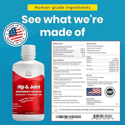 Paramount Pet Health Liquid Glucosamine for Dogs, 1600mg Glucosamine Chondroitin MSM, Hip & Joint Supplement for Large Dogs, Liquid Arthritis Relief & Mobility Support, 32 oz