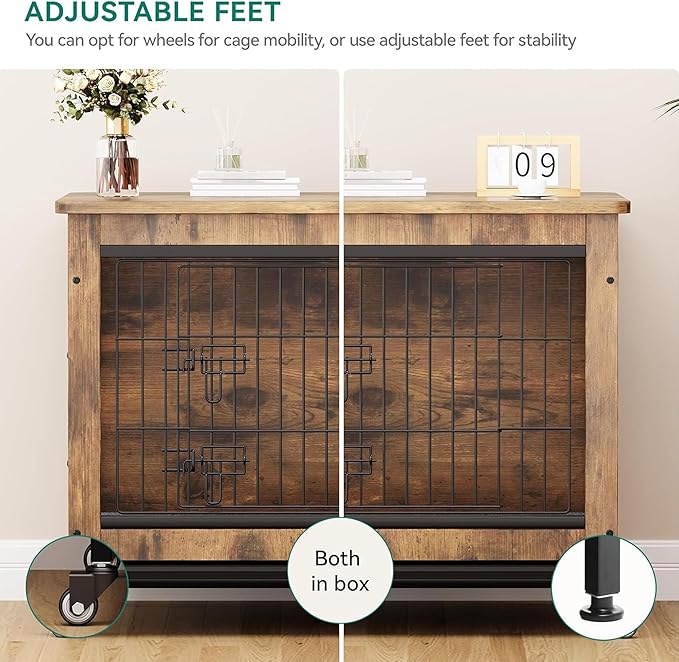 DWVO Dog Crate Furniture with Wheels, 27" Dog Kennel Indoor with Cushion, Dog Crate End Table with Tray, Dog Cage with Double Doors for Small Dog (Rustic Brown)