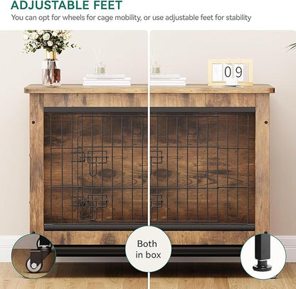 DWVO Dog Crate Furniture with Wheels, 27" Dog Kennel Indoor with Cushion, Dog Crate End Table with Tray, Dog Cage with Double Doors for Small Dog (Rustic Brown)