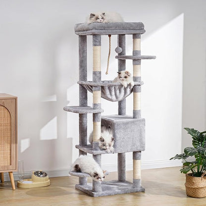 Heybly Cat Tree for Large Cats 20lbs Heavy Duty,60 inches XXL Cat Tower for Indoor Cats, Multi-Level Furniture Condo with Big Padded Plush Perch, Cozy Basket, Light Gray HCT050W