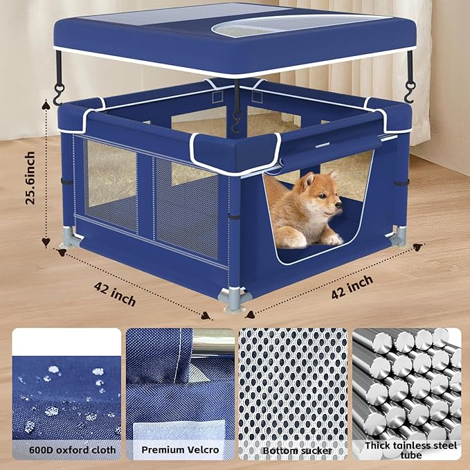 Dog Playpen 42 _ 42 Inch, Puppy PlayPen with Gate for Puppies, Cat, Small and Medium Dogs, Pet PlayPen with Roof for Outdoors & Indoors, Thickened Fabric, Safe & Sturdy Dog Fence