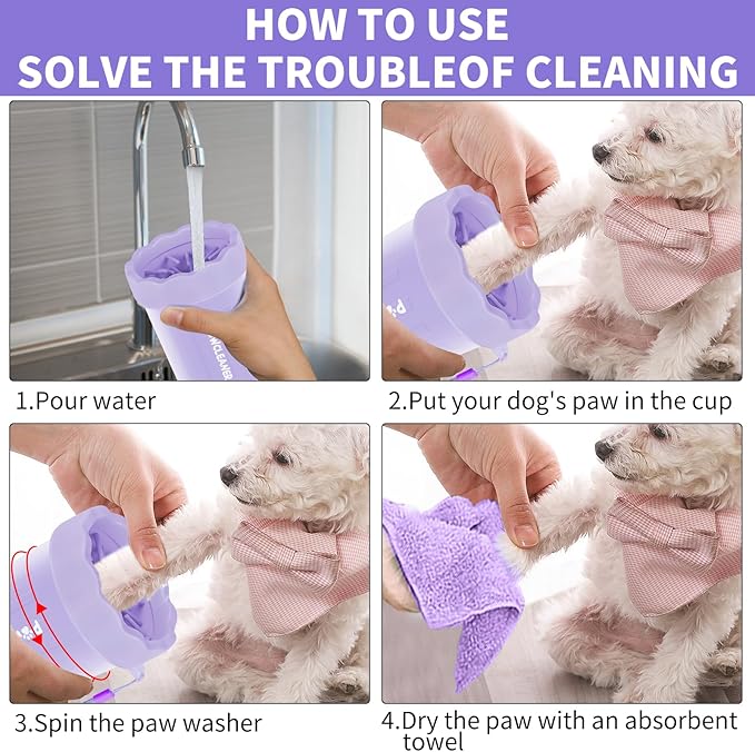 Dog Paw Cleaner for Dogs, (with 3Pcs Absorbent Towels & Adjustable Bath Brush) Dog Paw Washer, Pet Foot Cleaner (Purple, Small)
