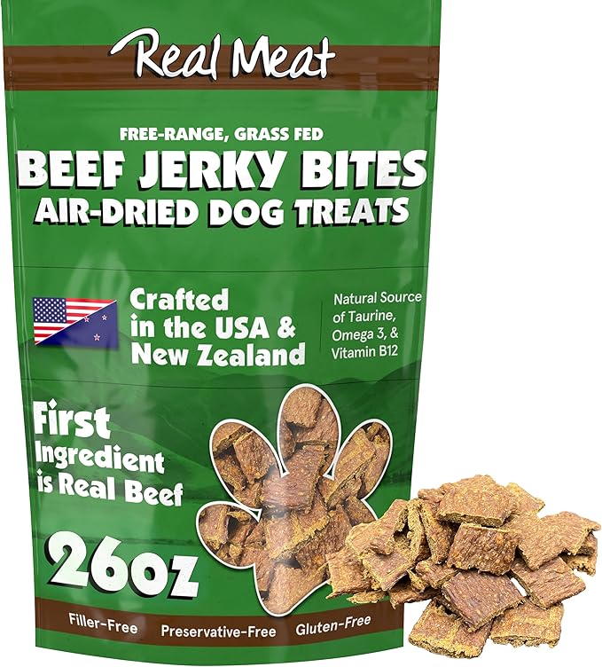 Real Meat Dog Treats - 26oz Bag of Bite-Sized Air-Dried Beef Jerky for Dogs - Grain-Free Jerky Dog Treats Made up of 95% Human-Grade, Free-Range, Grass Fed Beef - All-Natural High Protein Dog Treats