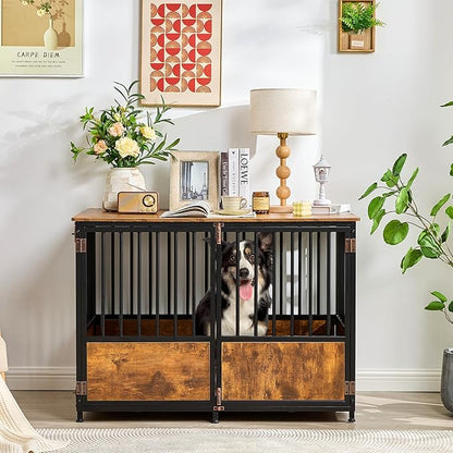 KOOPRO 43.7" Inch Dog Crate Furniture with Cushion for Large Dogs, Wooden Heavy Duty Dog Kennel with Double Doors Indoor, Decorative Pet House Dog Cage Side End Table, Rustic Brown