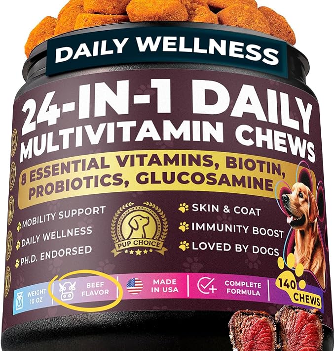 24-in-1 Complete Daily Dog Multivitamin Chews  Beef Flavor  All-in-One Support for Joints, Skin, Coat, Digestion & Immunity with Glucosamine & Omega-3 (140 Chews)