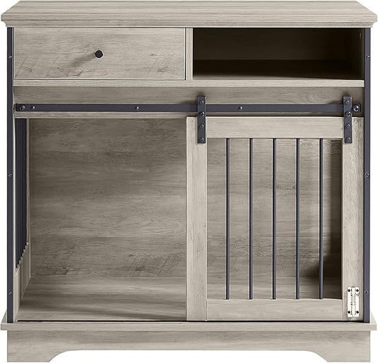 Dog Crate Furniture, Dog Crate Table with Sliding Barn Door, 35" Dog Kennel Furniture Heavy Duty Wood Crates for Small/Medium/Large Dogs Kennel Indoor Grey One Size
