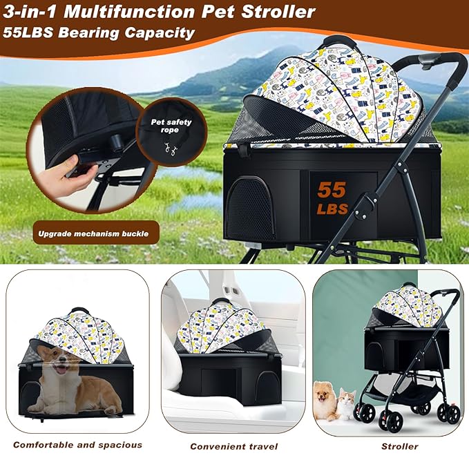 Pet Stroller 3 in 1 Folding Lightweight Dog Stroller with Detachable Carrier & Storage Basket, Premium 4 Wheels Travel Stroller for Small/Medium Pet (White)