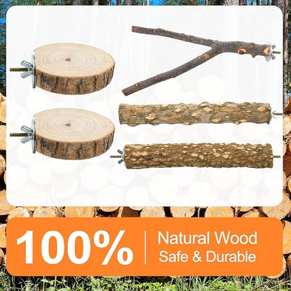 Bird Perch Stand, Pole Standing Natural Wood Bird Perch Set 7PCS Paw Grinding Fork Parrot Cage Branch with Rope Cage Accessories Toys for Parakeets, Cockatiels, Conure, Budgies (Brown 1)