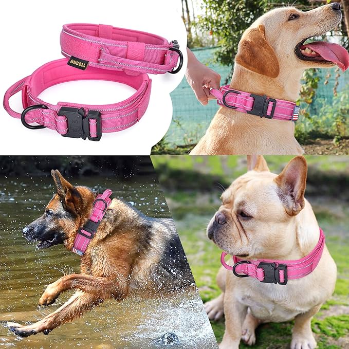 AUBELL Reflective Dog Collar, Tactical Dog Collar for Medium Dogs, Heavy Duty Dog Collars with Handle and Metal Buckle Great for Female Dogs Training, with Airtag case and 2 Patches(Pink, L)