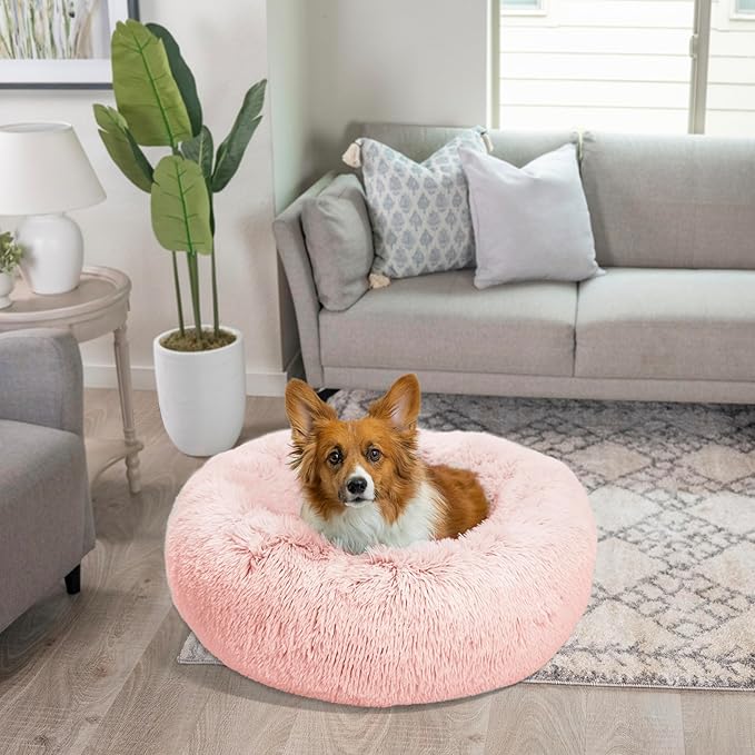 Best Friends by Sheri Original Calming Donut Dog and Cat Bed, Shag Faux Fur, Cotton Candy Pink, (30in x 30in) - Anxiety Relief for Pets Up to 45 lbs