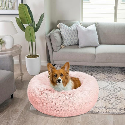 Best Friends by Sheri Original Calming Donut Dog and Cat Bed, Shag Faux Fur, Cotton Candy Pink, (30in x 30in) - Anxiety Relief for Pets Up to 45 lbs