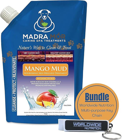 Worldwide Nutrition Bundle: Madra Mor Mango Mud - Dog Essentials Mud Bath, Dog Grooming, Dry Skin for Dogs Treatment, Dog Coat Skin Care Products - 10oz Pouch & Multi-Purpose Key Chain