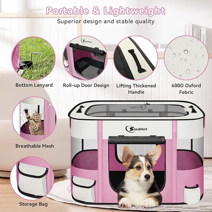 Dog Cat Playpen28/31/35in, Pet Puppy Portable Playpens for Outdoor Travel Crate, Indoor After Surgery Use, Foldable Dog Kennel Tent for Rabbit or Small Animals and Tent Stakes (Pink, Small)