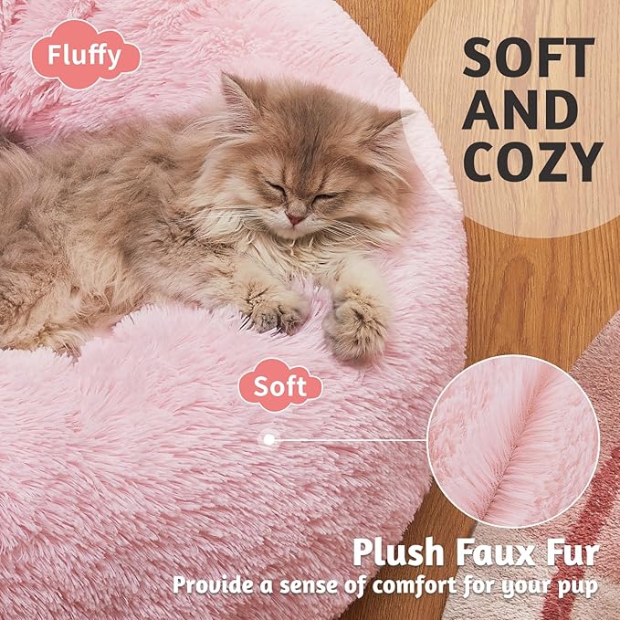 OhGeni Calming Donut Cat Beds For Indoor Cats, Machine Washable Plush Warming Bed For Kitten & Puppy, Anti-Slip Round Cuddle Comfort Pet Bed, Cozy Fluffy Fur Bed for Small Cats & Dogs, Pink, 20 inches