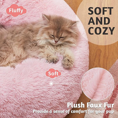 OhGeni Calming Donut Cat Beds For Indoor Cats, Machine Washable Plush Warming Bed For Kitten & Puppy, Anti-Slip Round Cuddle Comfort Pet Bed, Cozy Fluffy Fur Bed for Small Cats & Dogs, Pink, 20 inches