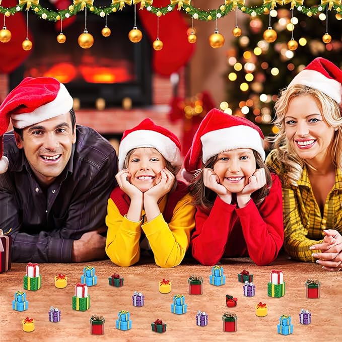 56 Pcs Christmas Mini Resin Present Miniature Boxes Tiny Gift Box Figurines Mini Christmas Ornaments for Xmas DIY Craft Tree Village Dollhouse Decor