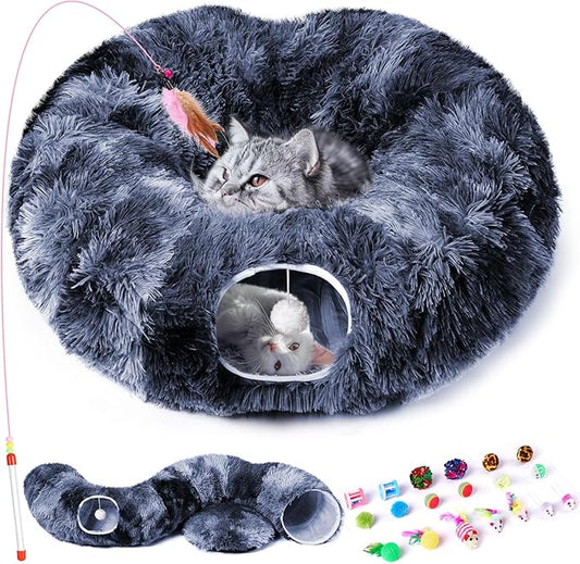Odoland Cat Tunnel Bed with 20 Cat Toys - Indoor Plush Kitten Couch,Detachable Cats Cave Donut Tunnel & Soft Kitten Toy Set-Cozy Cat Furniture Blue