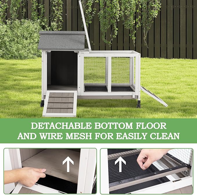 76.38"L Rabbit Hutch Indoor and Outdoor with 8 Wheels,Wooden Rabbit Cage with Pull Out Leak-Proof Tray for 2-4 Rabbits,Bunny Hutch with Asphalt Roof Suitable for Garden,Park,Living Room,Grey