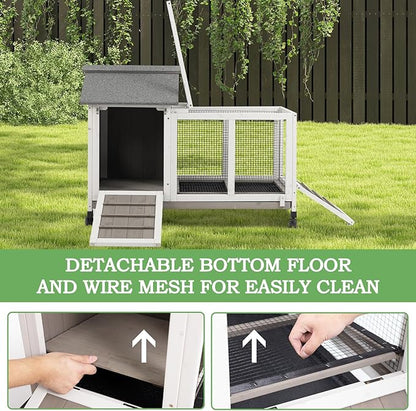 76.38"L Rabbit Hutch Indoor and Outdoor with 8 Wheels,Wooden Rabbit Cage with Pull Out Leak-Proof Tray for 2-4 Rabbits,Bunny Hutch with Asphalt Roof Suitable for Garden,Park,Living Room,Grey