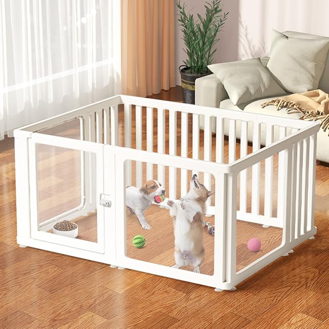 Dog Fence Pet Playpen, Clear Dog Playpen, Easy to Install and Remove Dog Playpen and Kennel Playpen, Suitable for Dogs, Cats, Rabbits, Indoor pet playpen with Transparent Panels（10 Panel）