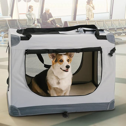 Folding Large Dog Carrier (27.5"x20.4"x19.6"), Pet Carrier, Soft Dog Crate with 3 Durable Tear-Resistant Mesh Window, Soft Pad and Bag for Supplies, Travel Crate Kennel for Pets (Gray)