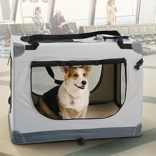 Folding Large Dog Carrier (27.5"x20.4"x19.6"), Pet Carrier, Soft Dog Crate with 3 Durable Tear-Resistant Mesh Window, Soft Pad and Bag for Supplies, Travel Crate Kennel for Pets (Gray)