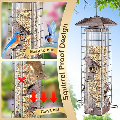 Squirrel Proof Hanging Bird Feeder for Outdoors, Gravity Protection Metal Wild Bird Feeder, 3LB Large Capacity, 4 Ports, Cardinal, Chickadee, Durable & Weatherproof, Ideal for Backyard