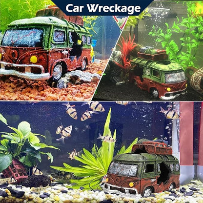 Car Wreckage Aquarium Ornament Car Wreckage for Fish Tank Underwater Landscape Decoration Hiding Cave Hideouts House Plants Supplies Accessories – Small（Green）