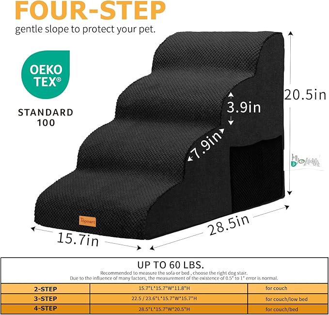 Topmart High Density Foam Dog Steps 4 Tiers,Extra Wide Deep Pet Steps,Non-Slip Pet Stairs,Dog Ramp for Bed,Soft Foam Dog Ladder,Best for Older Dogs Injured,Older Pets,Cats with Joint Pain,Color Black