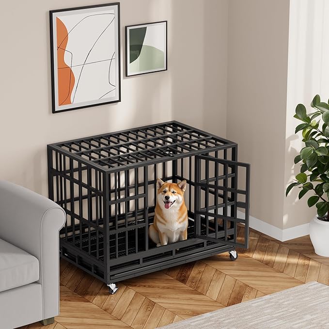 Greesum 38 INCH Heavy Duty Indestructible Dog Crate for Large Dog, Escape Proof Dog Cage Kennel, Extra Large Crate Indoor with High Anxiety Double Door, Lockable Wheels, Removable Tray