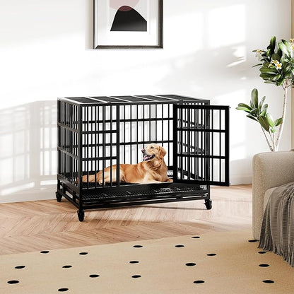 Shintenchi 38 inch Heavy Duty Crates for Large Dog, Indestructible and Escape-Proof Cage Kennel with Lockable Wheels, Double Door High Anxiety with Removable Tray, Black