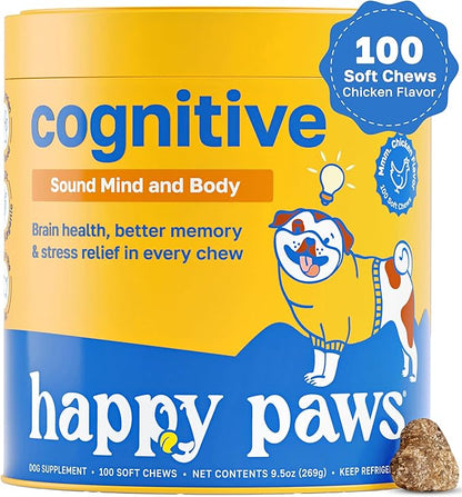 Happy Paws Cognitive Supplement for Dogs, Chicken Soft Chews with Taurine, Spirulina, CoQ10 & Vitamins B1, B3, B12, Supports Cognitive Function, Memory and Focus, Chews for Small to Large Dogs, 100 Ct