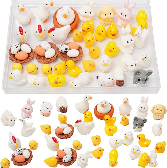 48pcs Mini Resin Animal Styles Tiny Resin Animals The Little Chicken Family Rabbit, Sheep, Cow, Big Duck, Yellow Duck, Duck, Egg, Chicken coop