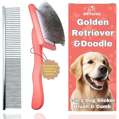 2-in-1 Dog Slicker Brush & Comb for Golden Retriever & Doodle - Easy Detangling & Deshedding, Tailored for Matted Coats of Long Curly Haired Doodle Mixes - Effortless Tangle-Free Grooming