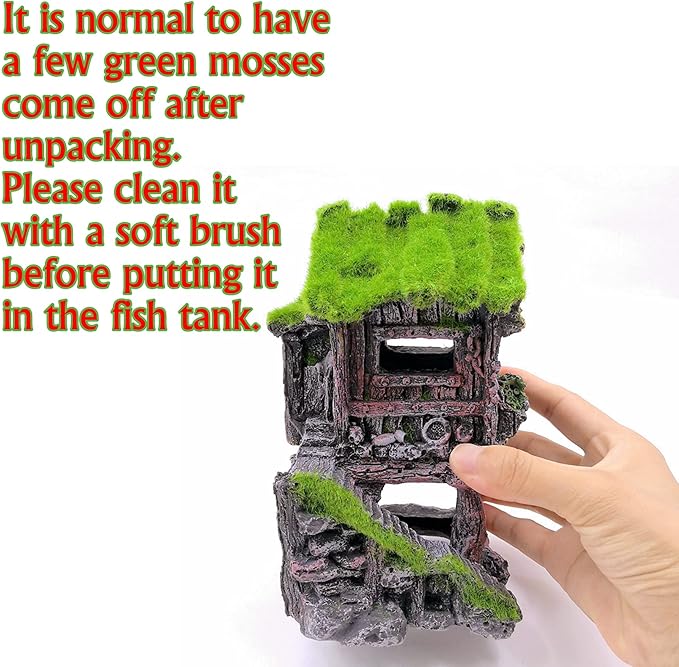 M2cbridge Aquarium Decorations Fish Hideout House Betta Cave with Green Lifelike Moss (Style 4)