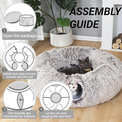 LUCKITTY Warm Fluffy Plush Cat Tunnel Bed Under Christmas Tree Big Tube Playground Toys 3 FT Diameter Longer Crinkle Collapsible 3 Way, for Indoor Cat Kitty Kitten Puppy Rabbit Ferret Brown