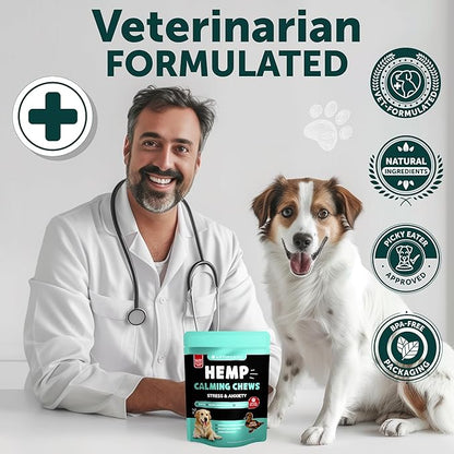 Hemp Calming Chews for Dogs - Dog Calming Chews - Dog Anxiety Relief Treats with Hemp Oil, Turmeric, Valerian, Ginger - Health and Wellness Supplements for Dogs - Hip and Joint Support - 70 Treats