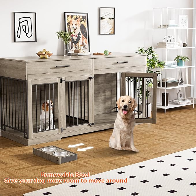 Rophefx 72" Dog Crate Furniture for 2 Dogs, Large Double Dog Kennel Indoor Furniture with 2 Storage Drawers and Removable Divider, Wooden Dog Cage with 4 Bowls, Dog House TV Stand for Medium Dog, Grey
