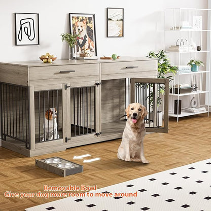 Rophefx 72" Dog Crate Furniture for 2 Dogs, Large Double Dog Kennel Indoor Furniture with 2 Storage Drawers and Removable Divider, Wooden Dog Cage with 4 Bowls, Dog House TV Stand for Medium Dog, Grey