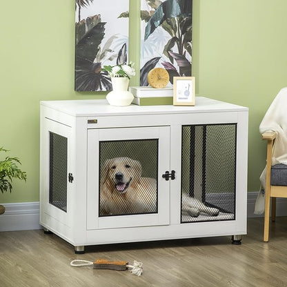 PawHut Dog Crate Furniture, 37" Dog Kennel Furniture with Water-Resistant Cushion, Double Doors for Large Dogs, Dog Crate End Table for Indoor Use, White