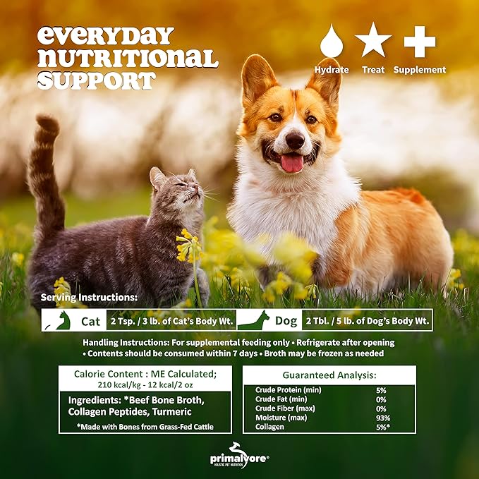 Primalvore Grass-Fed Beef Bone Broth for Dogs &Cats, Mobility Formula w/Collagen Peptides to Help Support Hip & Joints, Digestion, Skin & Coat and Hydration, Human Grade, Made in USA. Beef 6 Pack