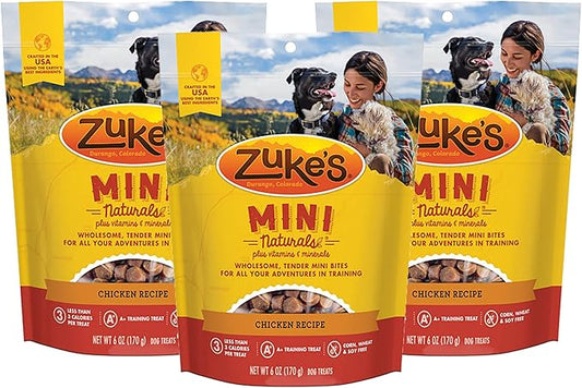 Zuke's Mini Naturals Dog Training Treats, Chicken Recipe, Soft & Tender Mini Dog Treats with Vitamins & Minerals, for All Breed Sizes, 6 OZ Bag (Pack of 3)