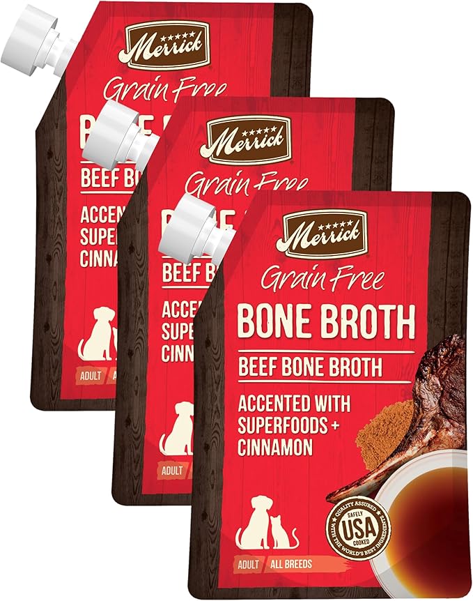 Merrick Grain Free Bone Broth, Premium Human Grade And Gluten Free Dog And Cat Food Topper Pouches, Beef - 16 oz. Pouch (Pack of 3)