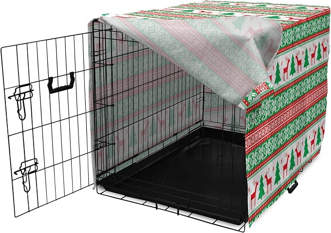 Ambesonne Christmas Dog Crate Cover, Knit Style Graphic Reindeer Star and Snowflake Holiday Family Theme, Easy to Use Pet Kennel Cover for Cats & Medium Dogs, 24 Inch, White Green