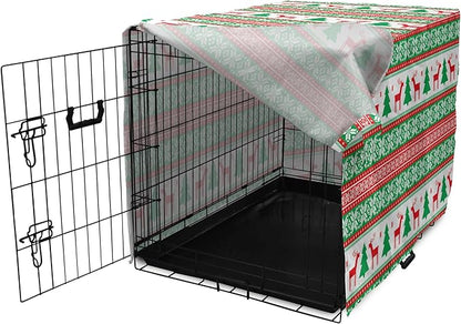 Ambesonne Christmas Dog Crate Cover, Knit Style Graphic Reindeer Star and Snowflake Holiday Family Theme, Easy to Use Pet Kennel Cover for Cats & Medium Dogs, 24 Inch, White Green