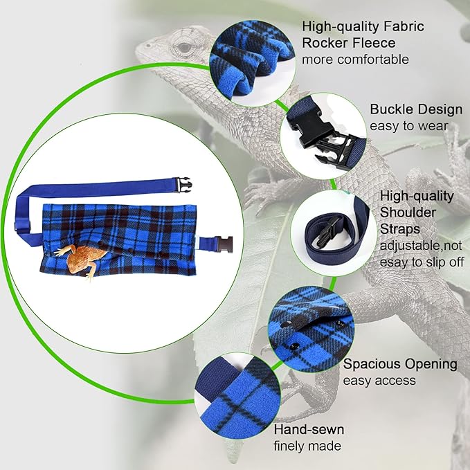 LIKZINWA Small Animal Sling Carrier,Bearded Dragon Carrier Lizard Carrier and Reptile Carrier with Adjustable Strap (Blue-Square)+UV Sensor Card