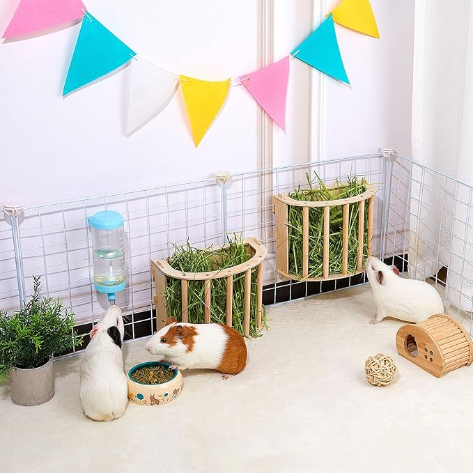 2PCS Guinea Pig Hay Feeder - Wooden Rabbit & Bunny Hay Holder Hanging Rack with Instructions - Suitable for Chinchilla, Ferret & Rabbit Cages